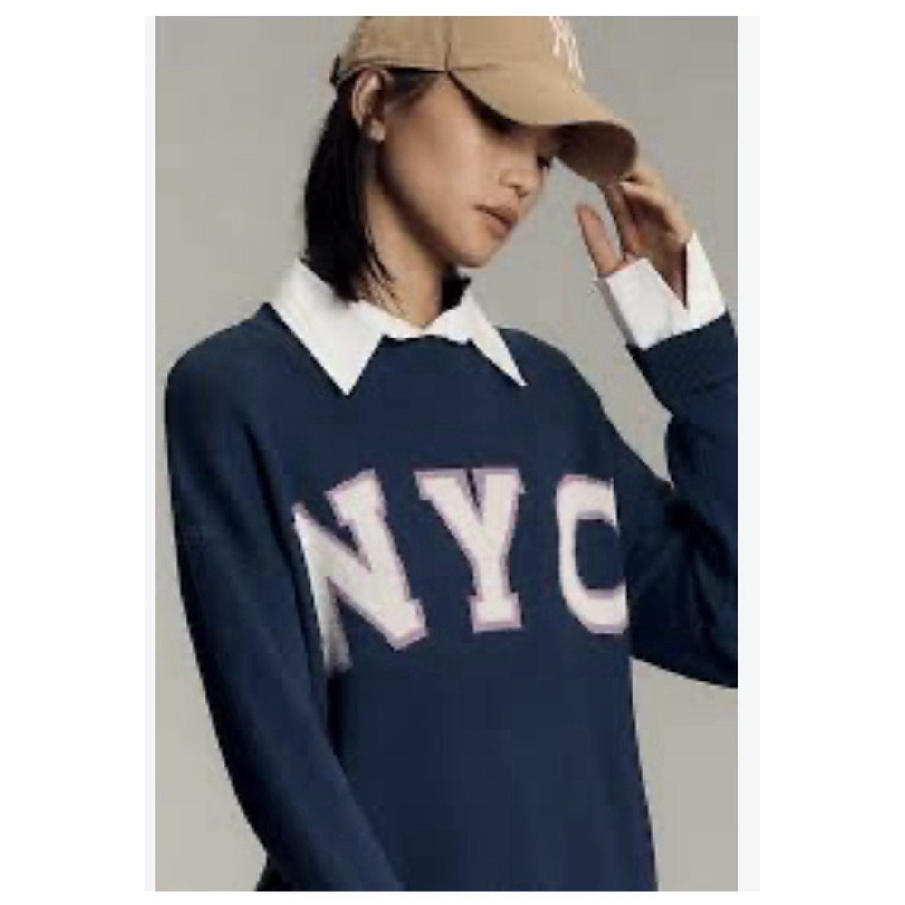 Anthropologie Maeve Two-fer sweater Women's Size Large Graphic NYC Navy NWT